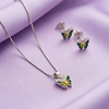 Elegant Silver Butterfly Pendant with Green Enamel Earrings Set