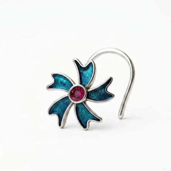 Silver Floral Nose Pin with Turquoise Enamel & Pink Stone
