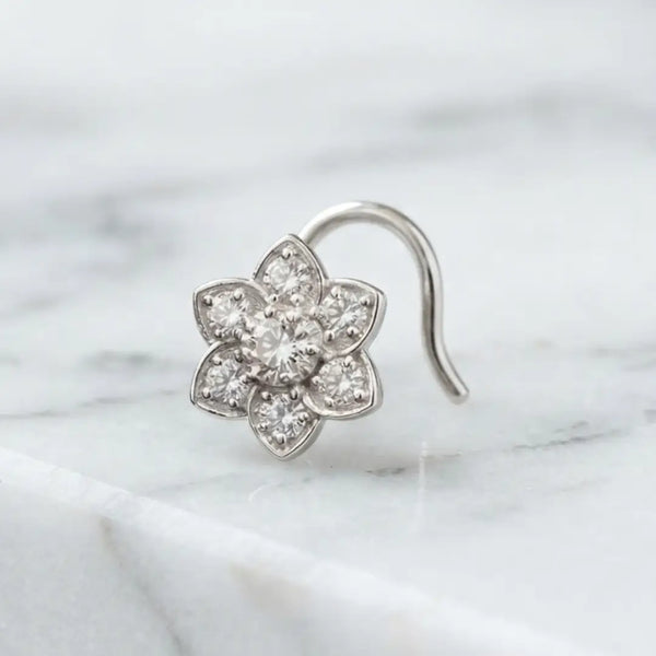 925 Silver Floral Diamond Nose Pin for Women & Girls