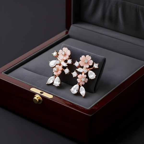 KOLRT-Blossom Elegance Pink Floral Crystal Drop Earrings