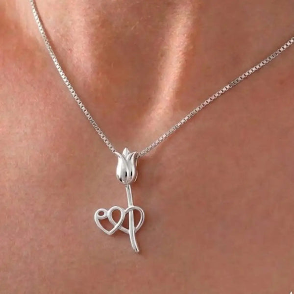 Delicate Tulip with Twin Hearts Pendant