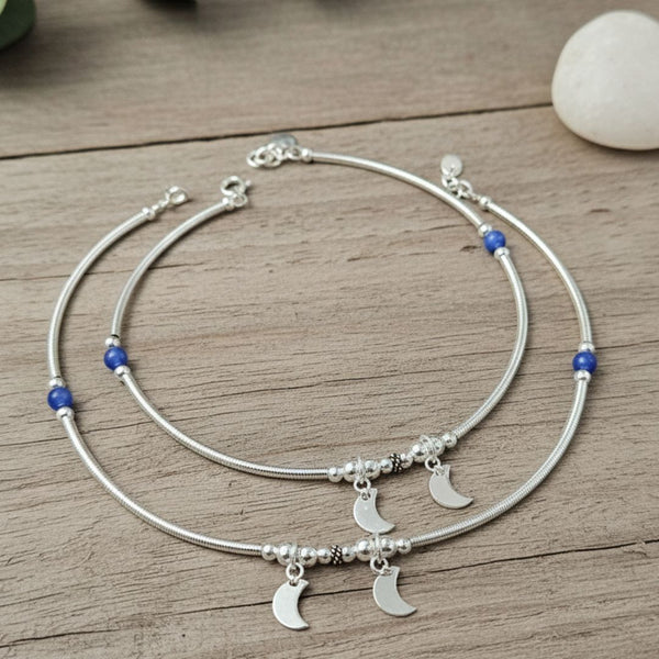 Silver Anklet with Blue Beads and Moon Motifs