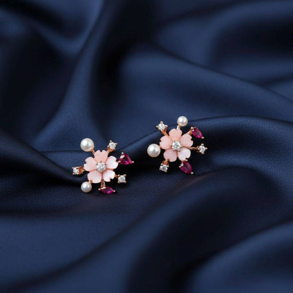 KOLRT-Elegant Rose Gold Flower Stud Earrings with Pearls & Pink Gemstones