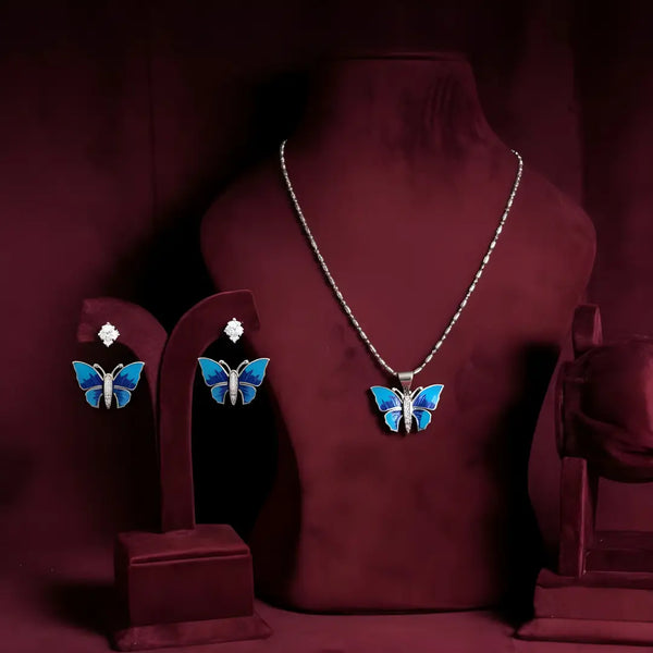 Elegant Silver Butterfly Pendant Necklace & Earring Set