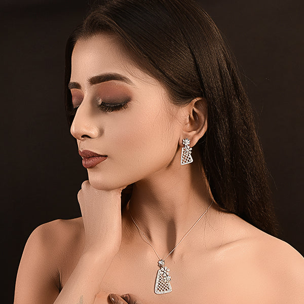Floral Elegance Silver Triangle Jewelry Set