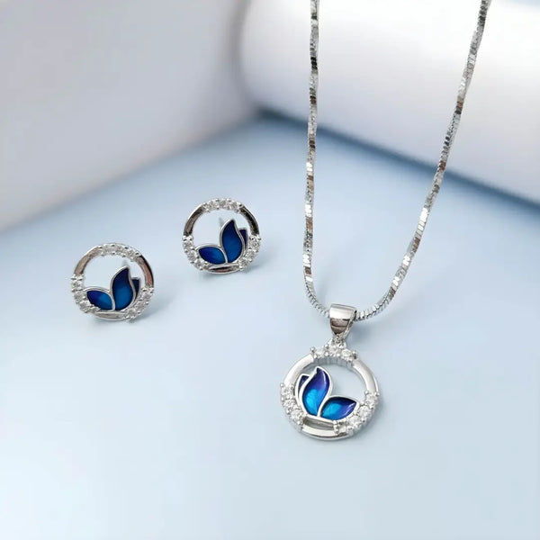 Elegant Silver Butterfly Pendant with Matching Stud Earrings Set