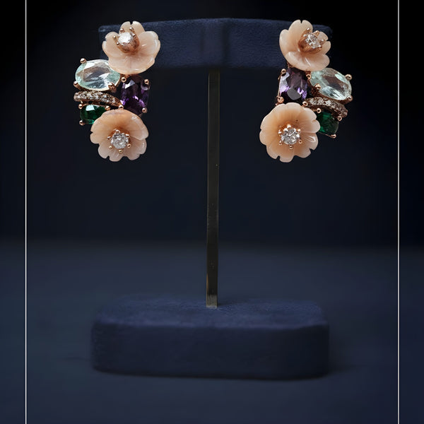 KOLRT-Elegant Peach Blossom Floral Stud Earrings with Multicolor Gemstones