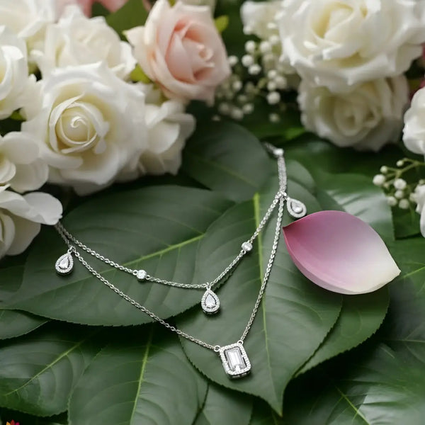 Elegant Layered Teardrop & Rectangle Pendant 925 Silver Women’s Necklace