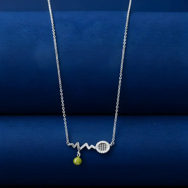 Women’s 925 Silver Tennis Racket “Heartbeat” Necklace with Green Enamel Ball