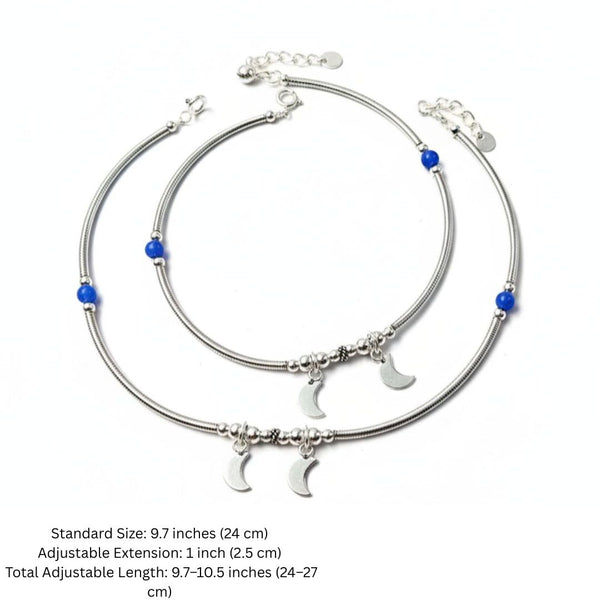 Silver Anklet with Blue Beads and Moon Motifs
