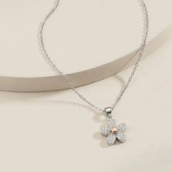 “Crystal Flower Pendant Necklace – Two-Tone Sparkle”