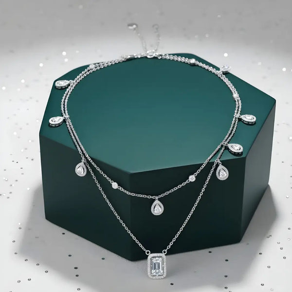 Elegant Layered Teardrop & Rectangle Pendant 925 Silver Women’s Necklace