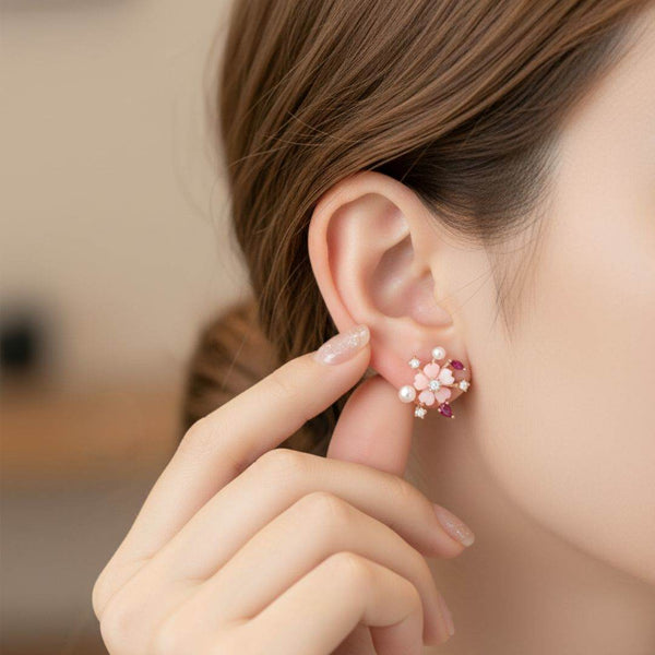 KOLRT-Elegant Rose Gold Flower Stud Earrings with Pearls & Pink Gemstones