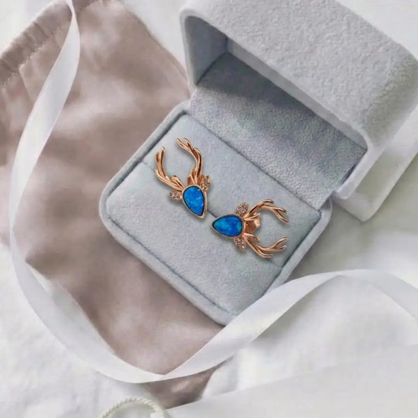 925 Silver Reindeer Antler Blue Opal Stud Earrings for Women | KOLRT