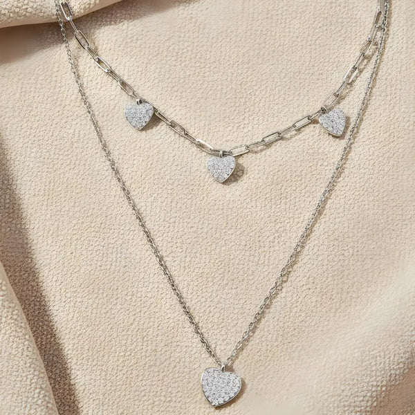 925 Sterling Silver Double Layer Heart Pendant Necklace for Women