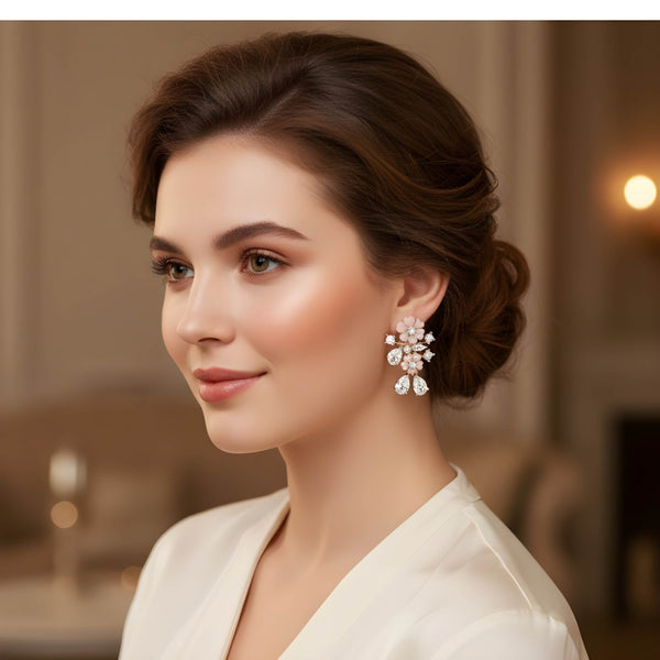 KOLRT-Blossom Elegance Pink Floral Crystal Drop Earrings