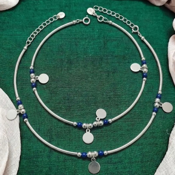 Modern Silver Anklet Design with Blue Bead Detailing