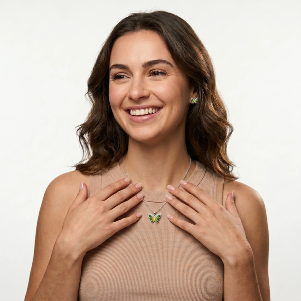 Elegant Silver Butterfly Pendant with Green Enamel Earrings Set