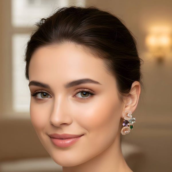 KOLRT-Elegant Peach Blossom Floral Stud Earrings with Multicolor Gemstones