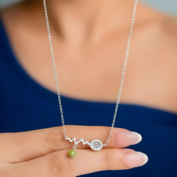 Women’s 925 Silver Tennis Racket “Heartbeat” Necklace with Green Enamel Ball