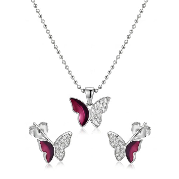 Elegant Silver Butterfly Pendant with Matching Pink & Purple Enamel Earrings
