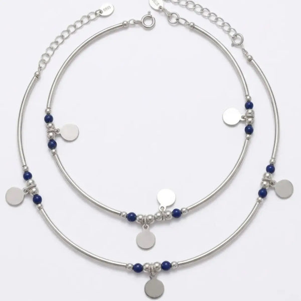 Modern Silver Anklet Design with Blue Bead Detailing