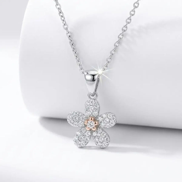 “Crystal Flower Pendant Necklace – Two-Tone Sparkle”