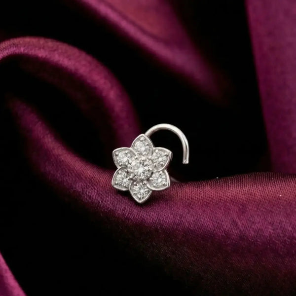 925 Silver Floral Diamond Nose Pin for Women & Girls