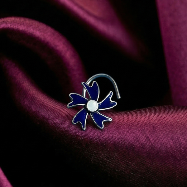 Silver Floral Nose Pin with Blue Enamel & Opal Stone