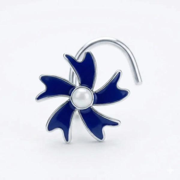 Silver Floral Nose Pin with Blue Enamel & Opal Stone