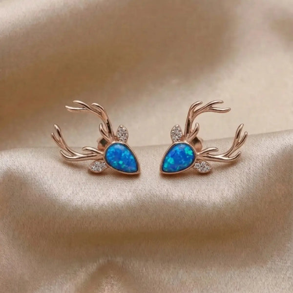 925 Silver Reindeer Antler Blue Opal Stud Earrings for Women | KOLRT