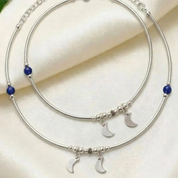 Silver Anklet with Blue Beads and Moon Motifs