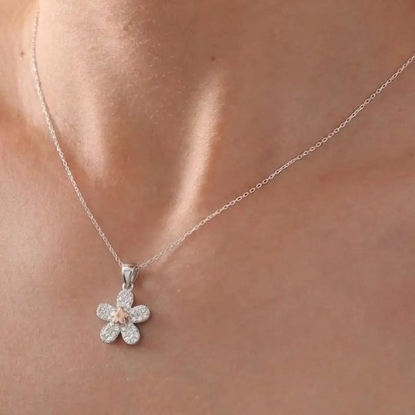 “Crystal Flower Pendant Necklace – Two-Tone Sparkle”