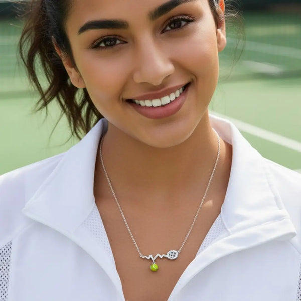 Women’s 925 Silver Tennis Racket “Heartbeat” Necklace with Green Enamel Ball