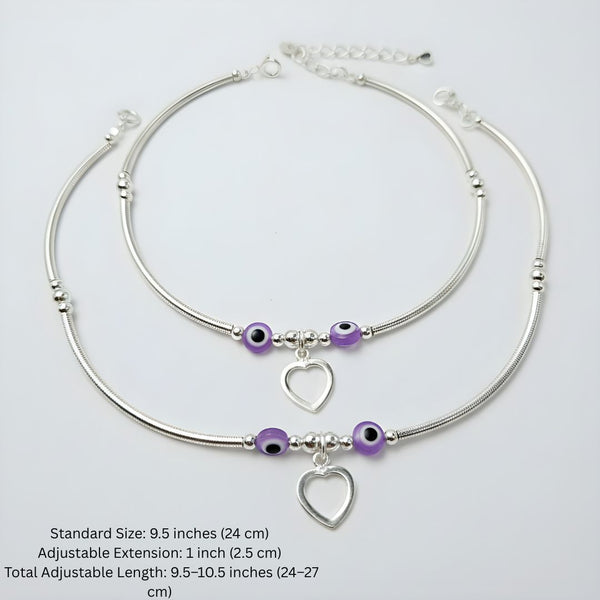 Stylish Silver Anklet with Purple Evil Eye Beads and Heart Charm