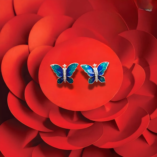 Silver Earrings for Women – Blue Wings with Sparkling Details