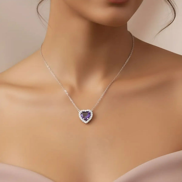 925 Sterling Silver Amethyst Heart Chain Pendant for Women