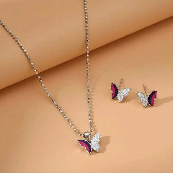 Elegant Silver Butterfly Pendant with Matching Pink & Purple Enamel Earrings