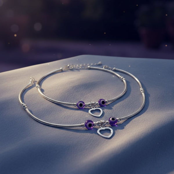 Stylish Silver Anklet with Purple Evil Eye Beads and Heart Charm