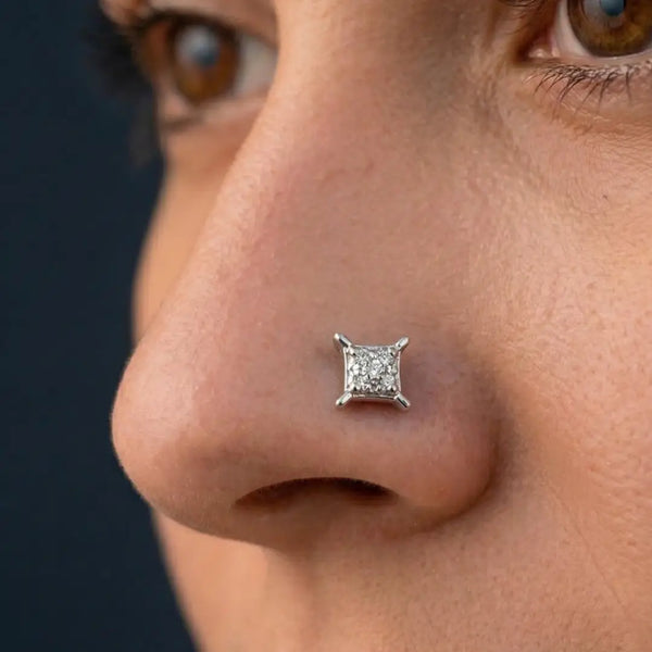 925 Silver Square Diamond Nose Pin for Women & Girls