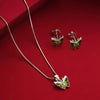 Elegant Silver Butterfly Pendant with Green Enamel Earrings Set