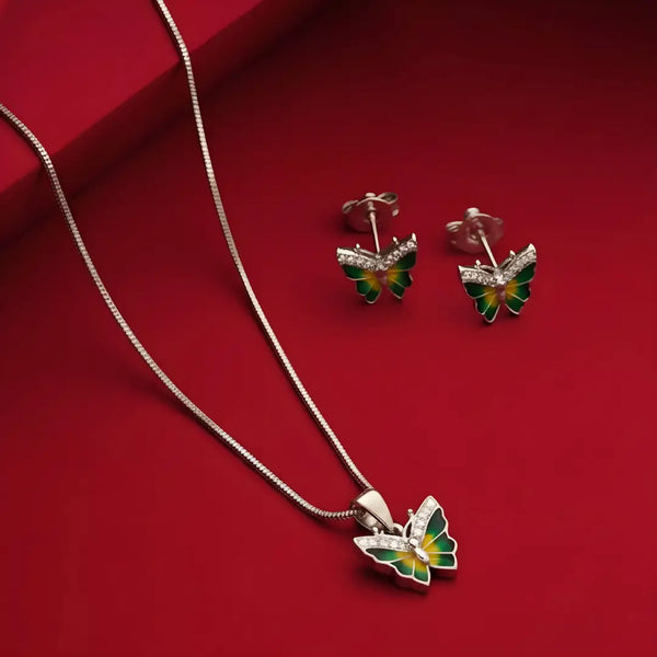 Elegant Silver Butterfly Pendant with Green Enamel Earrings Set