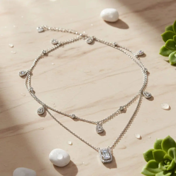 Elegant Layered Teardrop & Rectangle Pendant 925 Silver Women’s Necklace