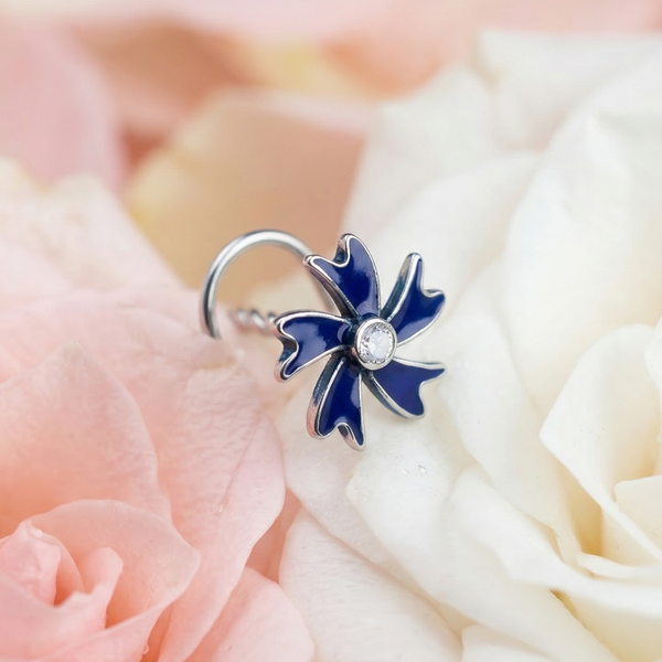 Silver Floral Nose Pin with Blue Enamel & Opal Stone