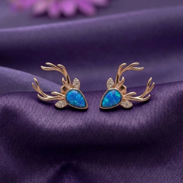 925 Silver Reindeer Antler Blue Opal Stud Earrings for Women | KOLRT