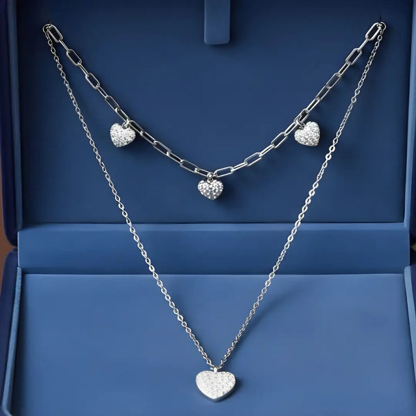 925 Sterling Silver Double Layer Heart Pendant Necklace for Women