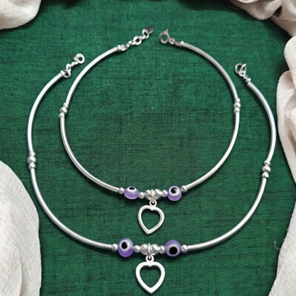 Stylish Silver Anklet with Purple Evil Eye Beads and Heart Charm