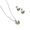 Elegant Silver Butterfly Pendant with Green Enamel Earrings Set