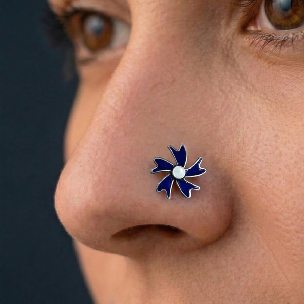 Silver Floral Nose Pin with Blue Enamel & Opal Stone