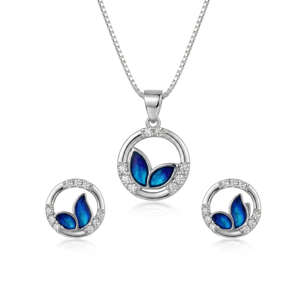Elegant Silver Butterfly Pendant with Matching Stud Earrings Set